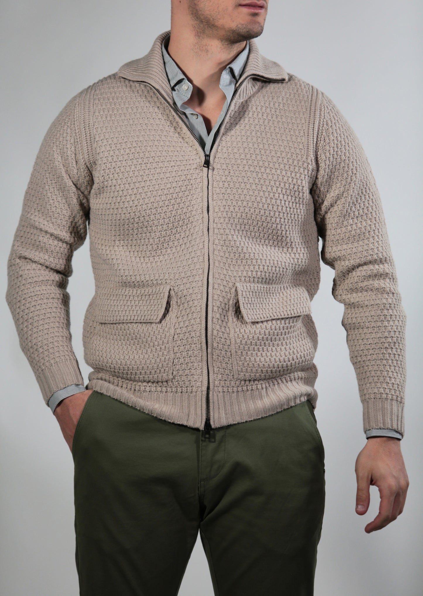 ERICK GIUBBINO FULL ZIP IN MERINOS ECRU'
