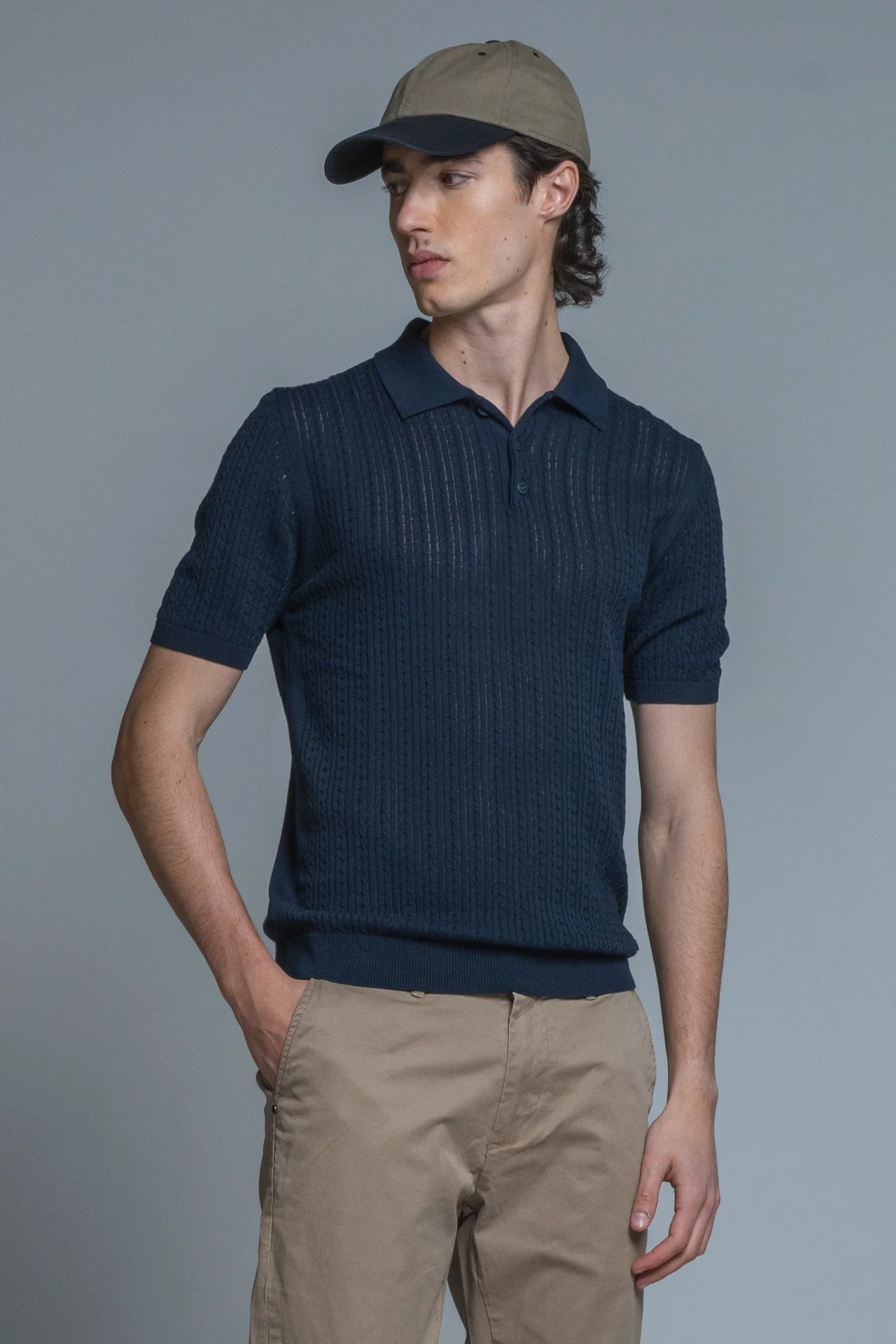 HILLS POLO CABLE IN COTONE CREPE NAVY