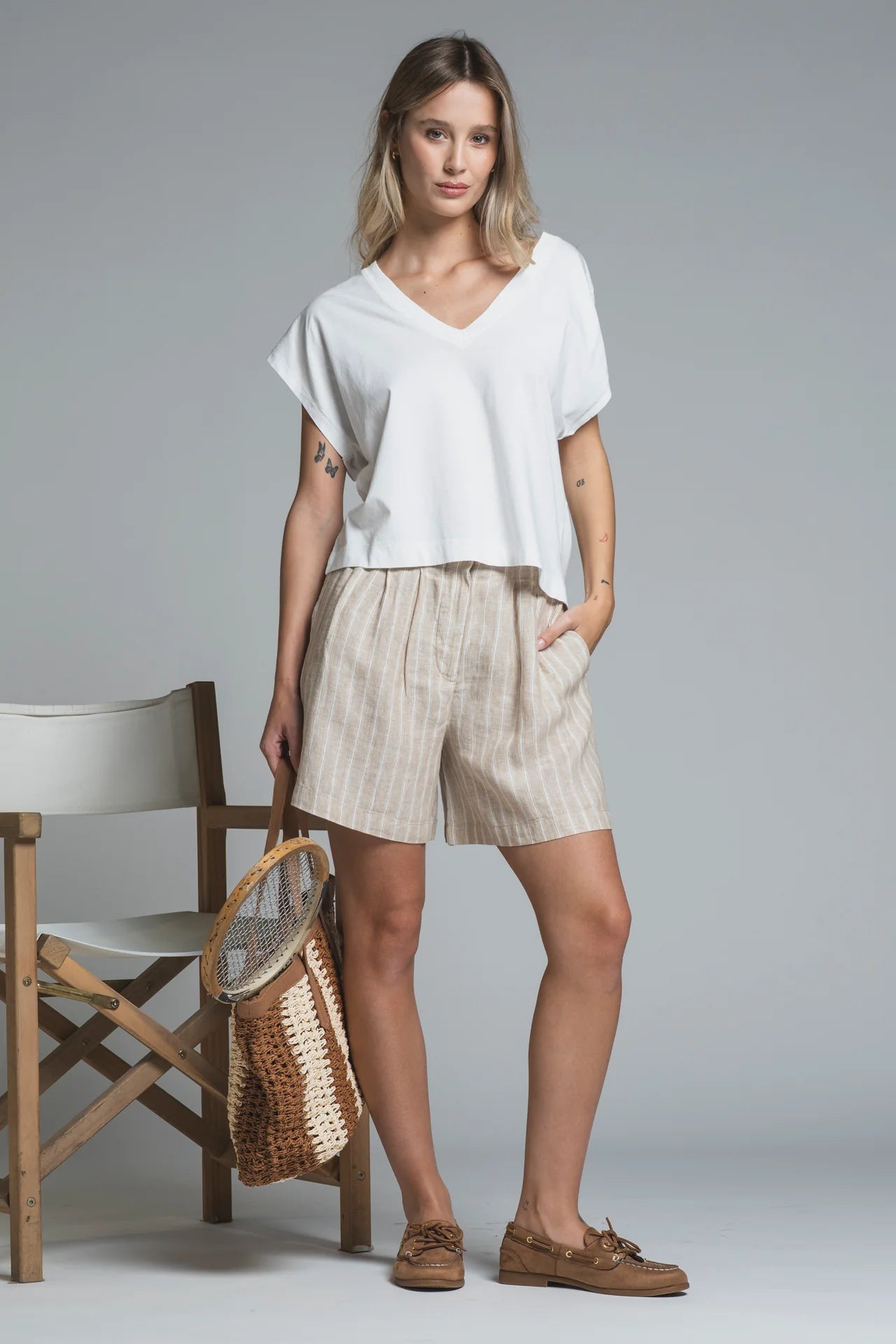 MAYA SHORTS A RIGHE 100% LINO BEIGE