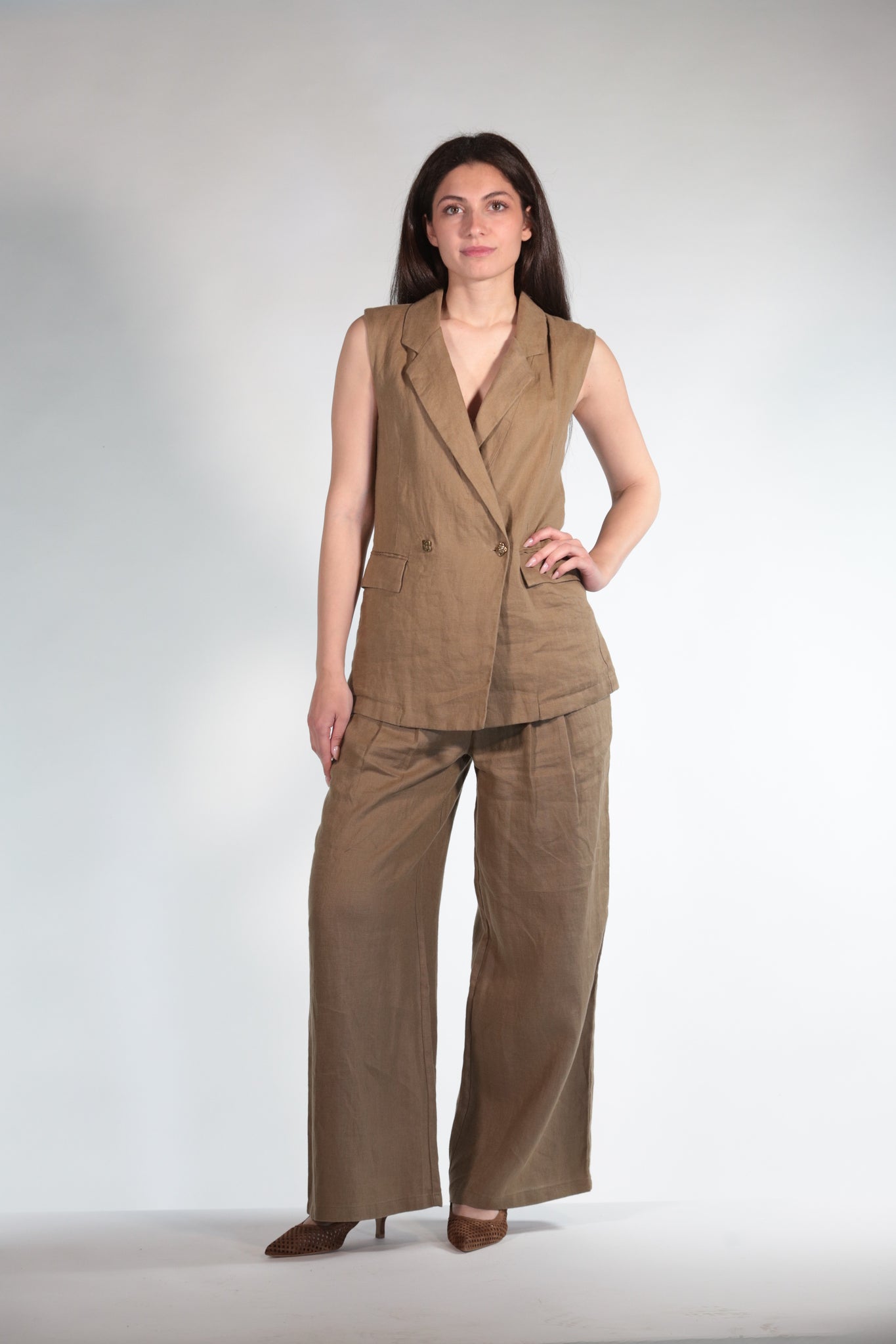 ERIKA PANTAPALAZZO BROWN IN PURO LINO