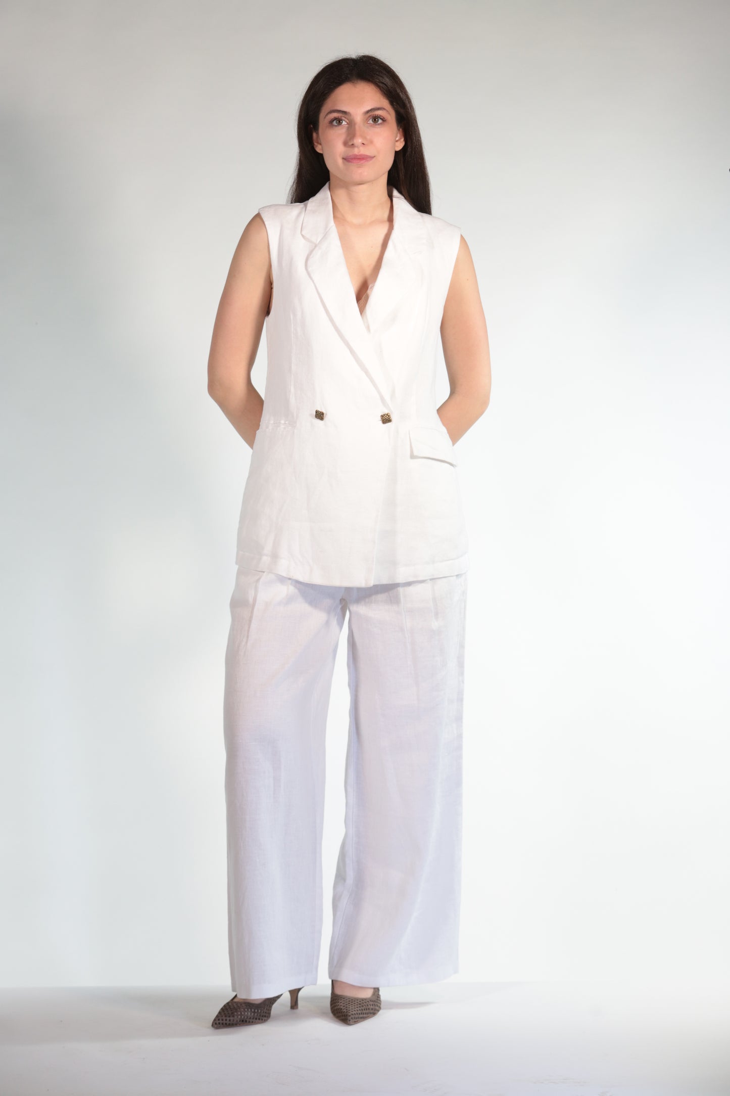EMMA GILET DOPPIOPETTO WHITE IN PURO LINO