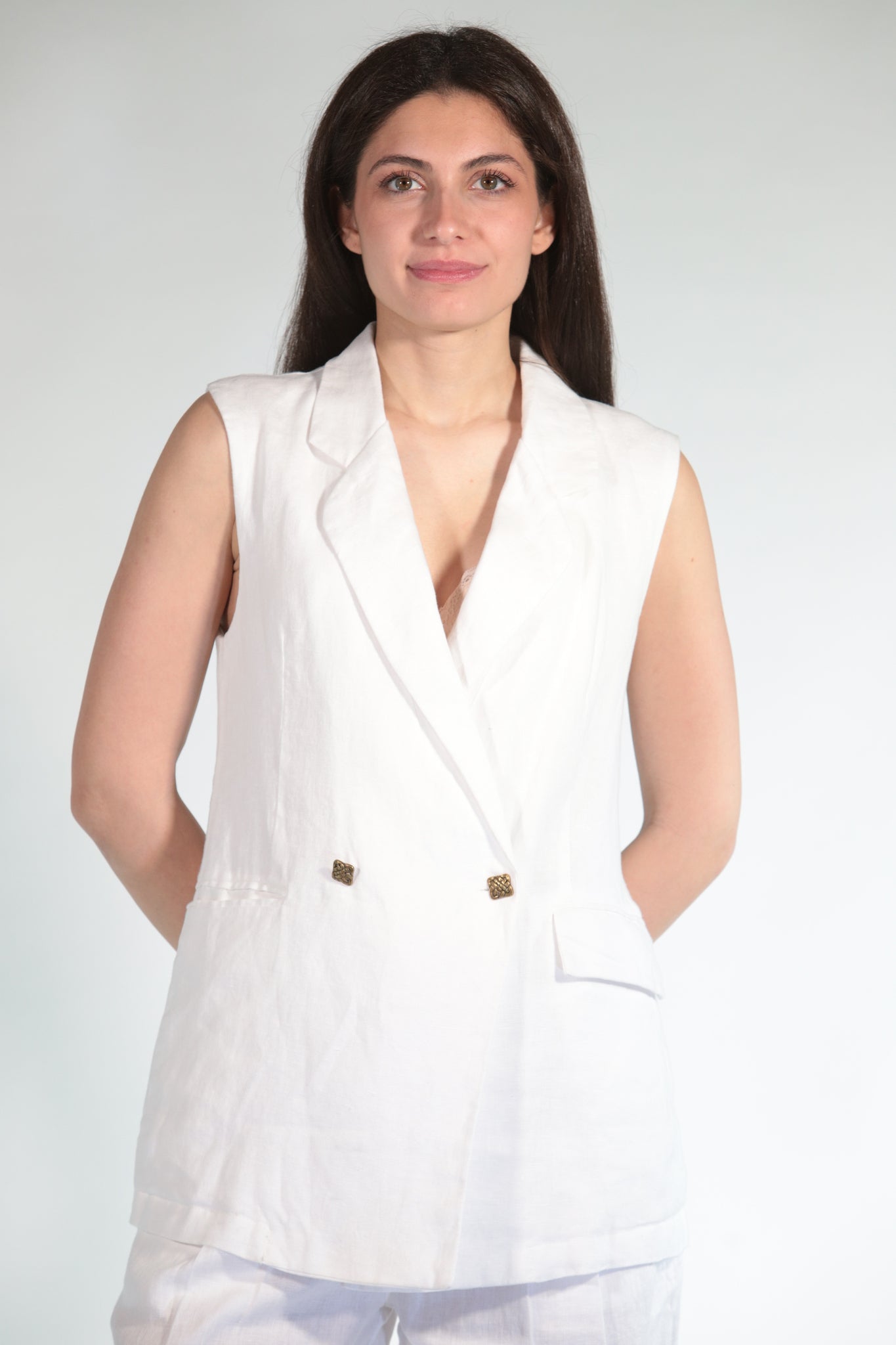 EMMA GILET DOPPIOPETTO WHITE IN PURO LINO