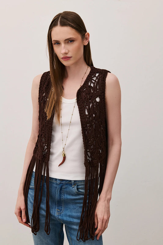 GILET CROCHET FRANGE BROWN