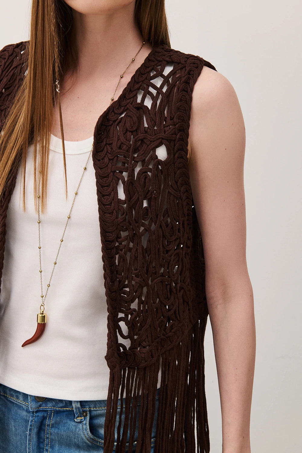 GILET CROCHET FRANGE BROWN