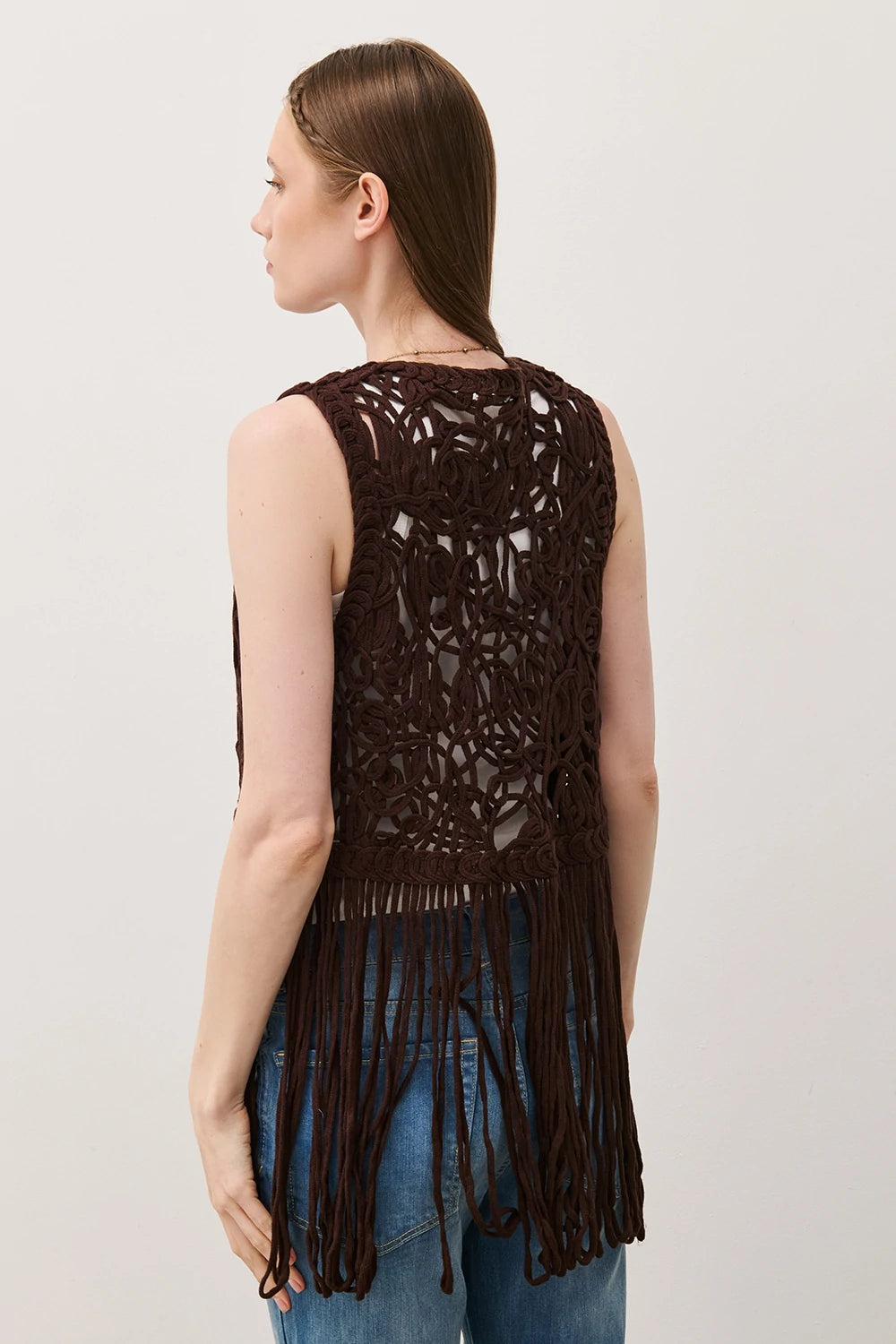 GILET CROCHET FRANGE BROWN