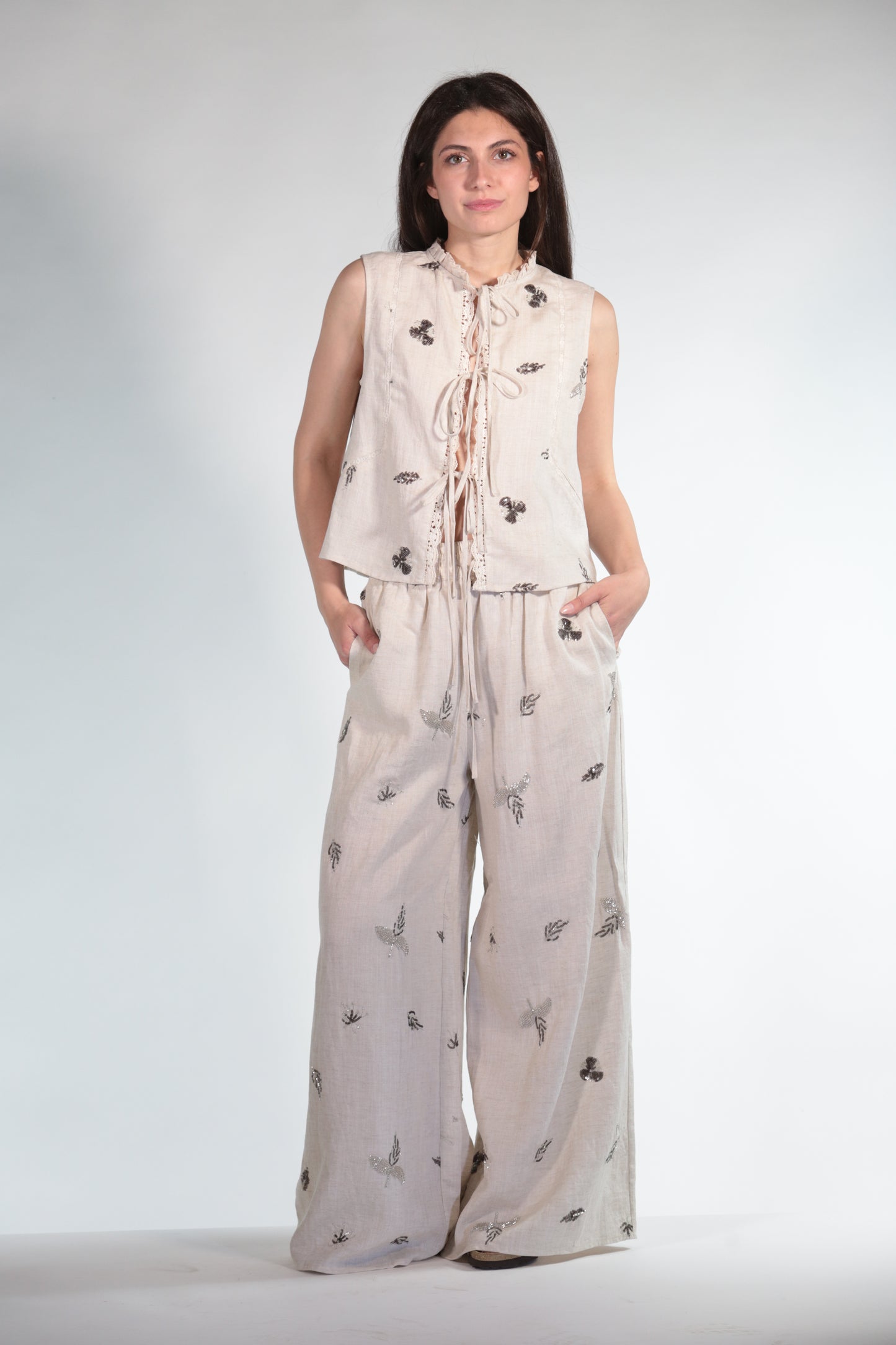 MARTA GILET IN MISTO LINO BEIGE