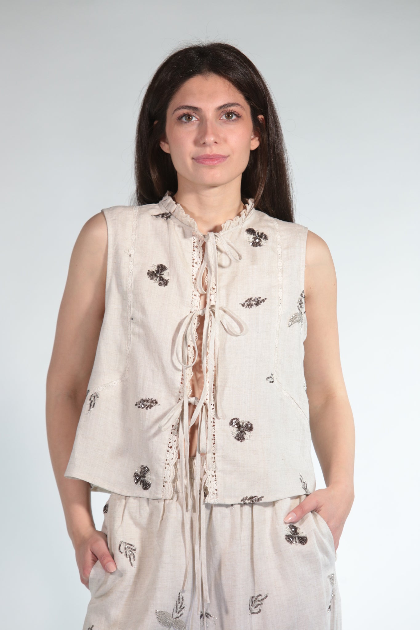 MARTA GILET IN MISTO LINO BEIGE